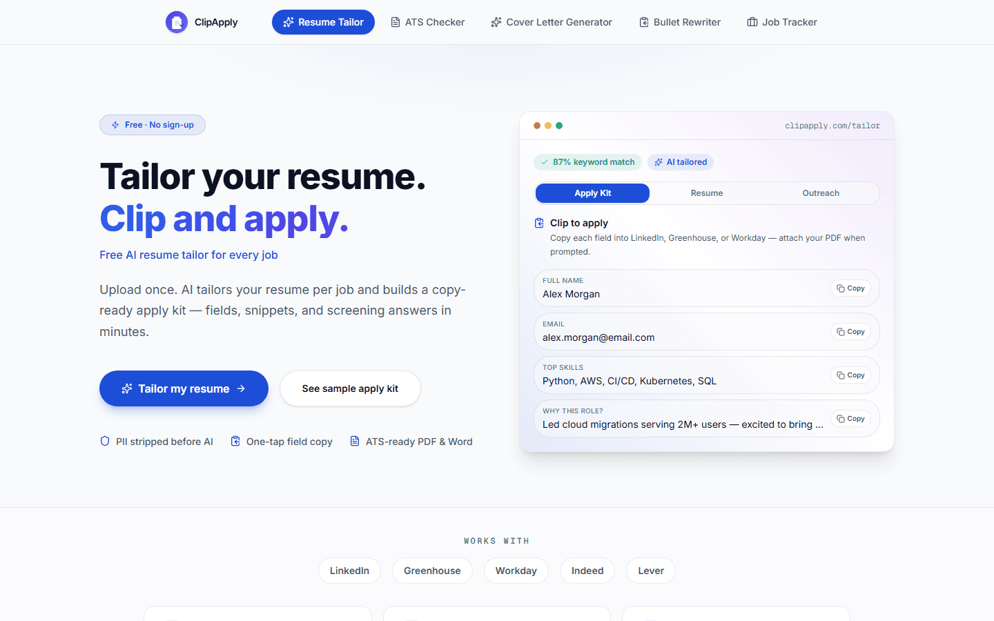 ClipApply homepage with apply kit preview, navigation tools, and tailor CTA