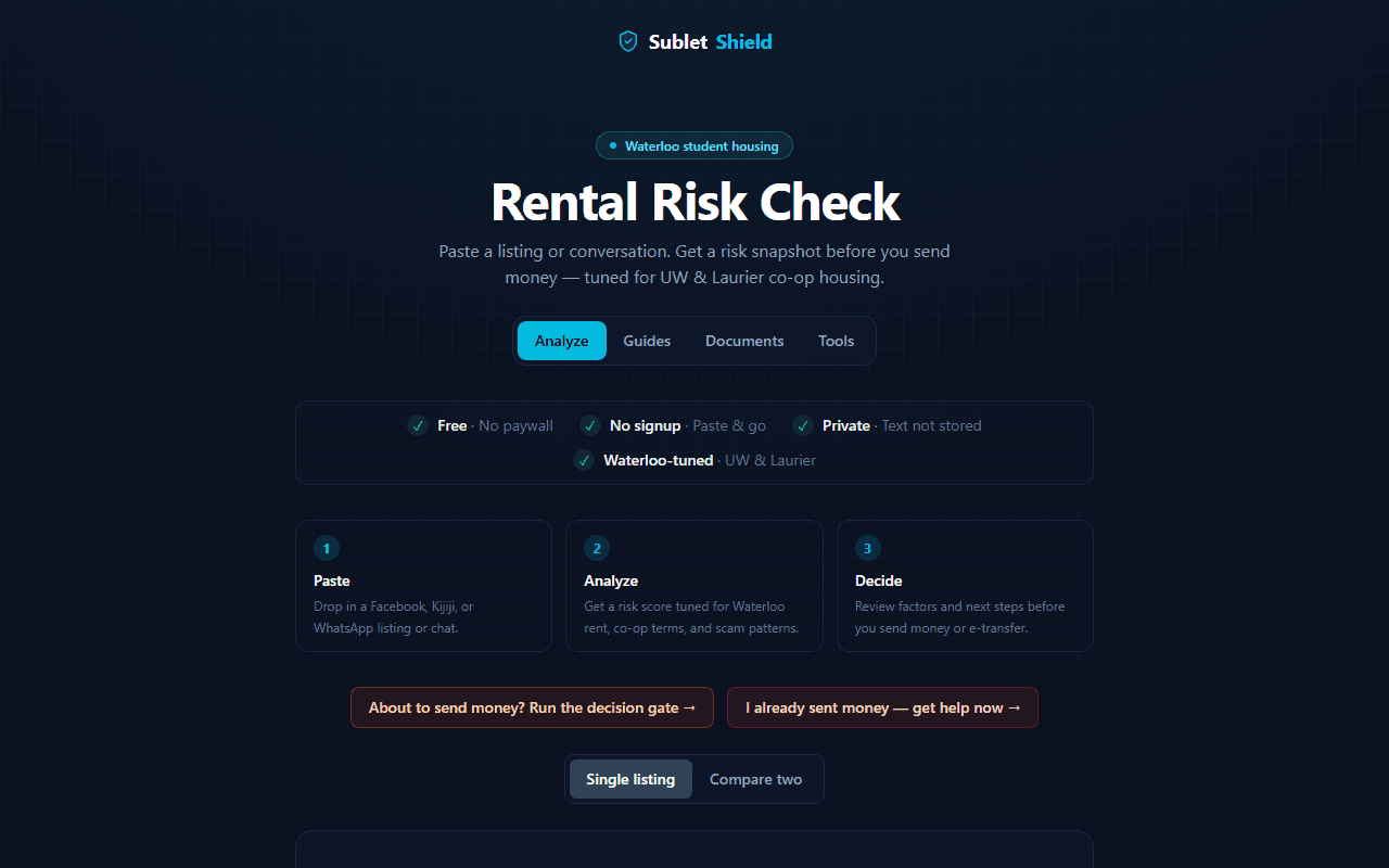 SubletShield rental risk check interface for Waterloo student housing